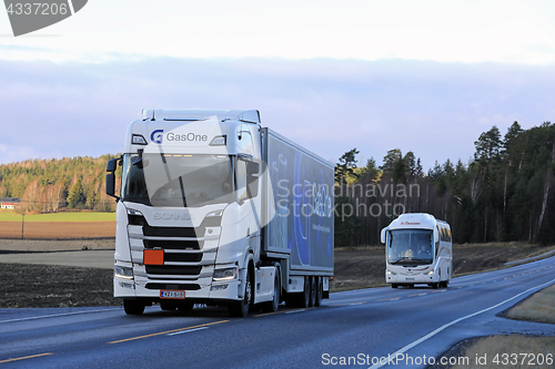 Image of Scania Semi Truck and Bus on the Road