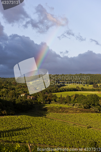 Image of Evening landscape with rainbow. Tuscany, Italy