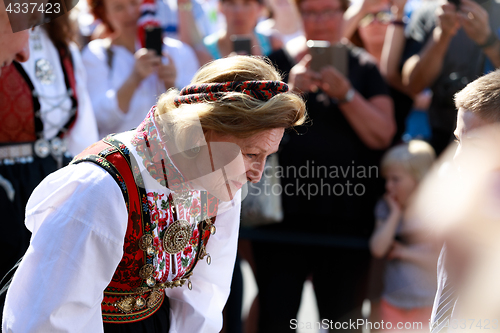 Image of LOEN, NORWAY - MAY, 20 2017: Queen Sonja of Norway at the openin