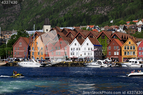 Image of BERGEN HARBOR, NORWAY - MAY 27, 2017: Private boats on a row alo