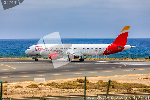 Image of ARECIFE, SPAIN - APRIL, 15 2017: AirBus A321 of IBERIA with the 