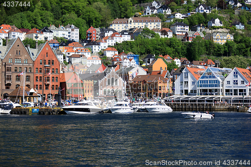 Image of BERGEN HARBOR, NORWAY - MAY 27, 2017: Private boats on a row alo