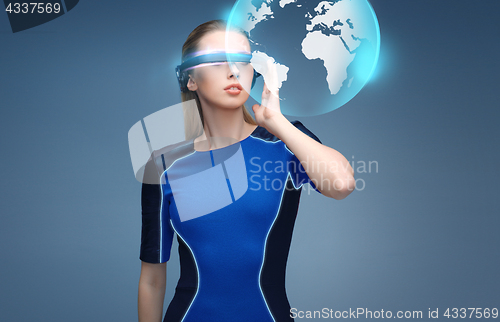 Image of woman in virtual reality 3d glasses with earth