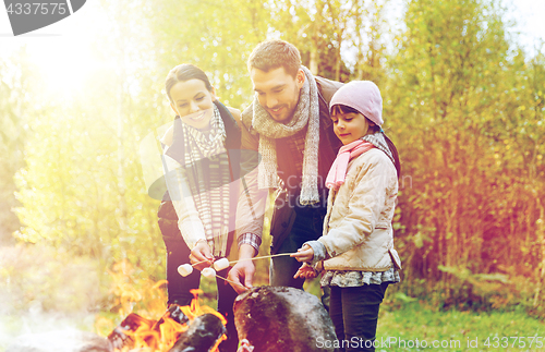 Image of happy family roasting marshmallow over campfire