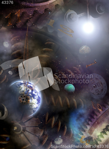 Image of Universe Clock, fantastic illustration. The finger near to 12