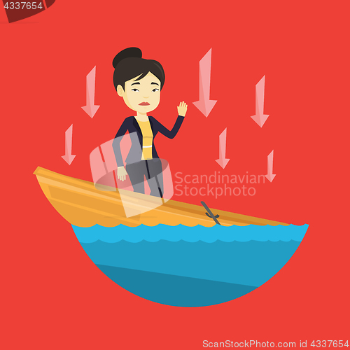 Image of Business woman standing in sinking boat.