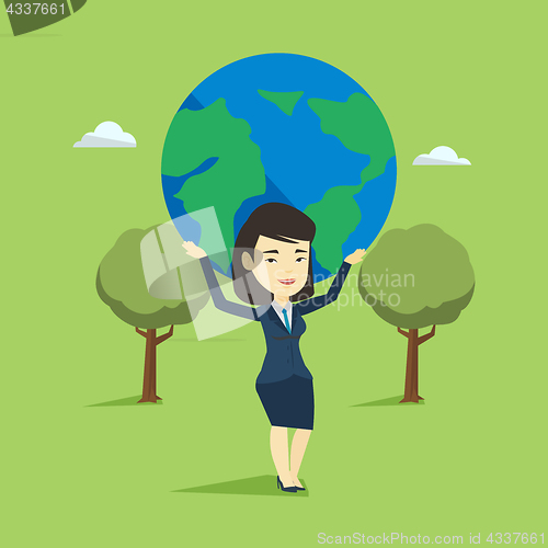 Image of Business woman holding globe vector illustration.