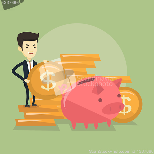 Image of Business man putting coin in piggy bank.