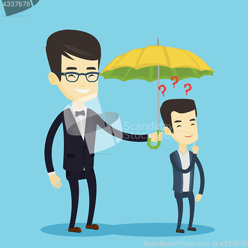 Image of Businessman holding umbrella over man.