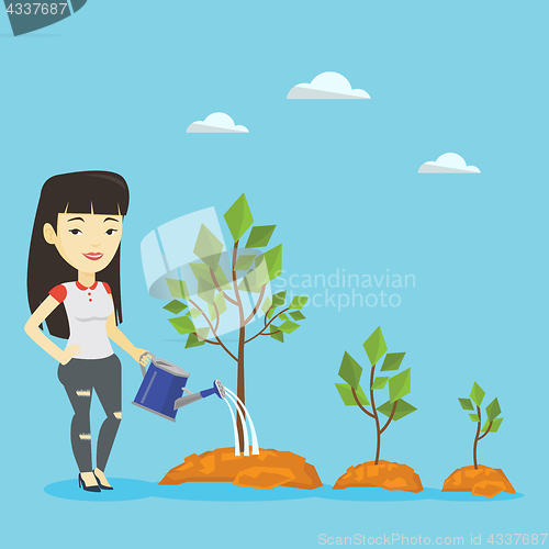 Image of Business woman watering trees vector illustration.