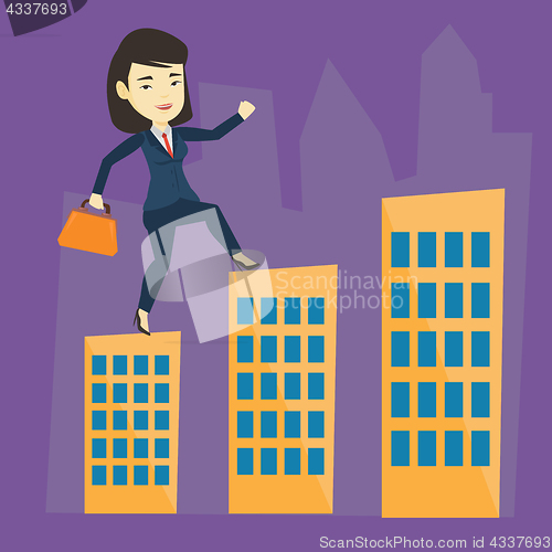 Image of Business woman walking on the roofs of buildings.