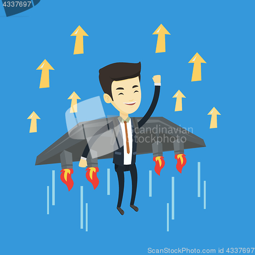 Image of Business man flying on the rocket to success.