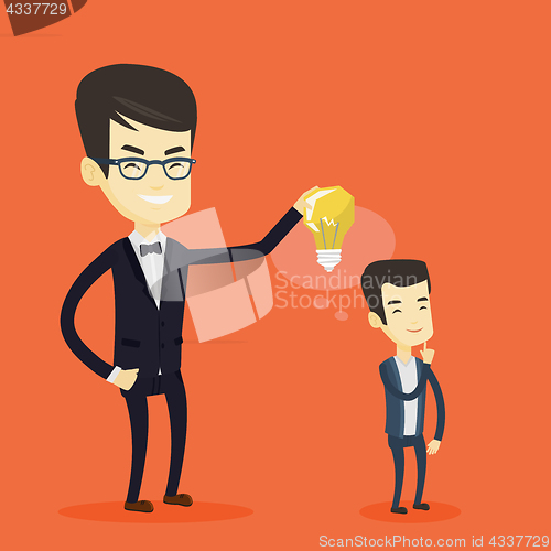Image of Business man giving idea bulb to his partner.