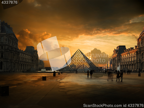 Image of View of famous Louvre Museum with Louvre Pyramid