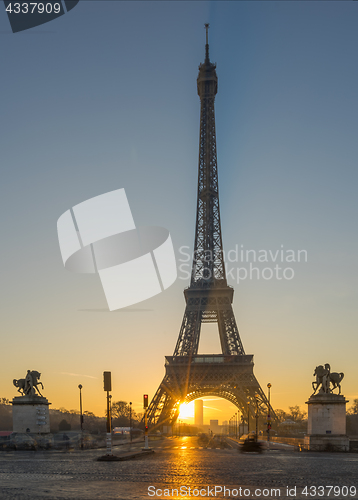 Image of The Eiffel tower at sunrise in Paris 