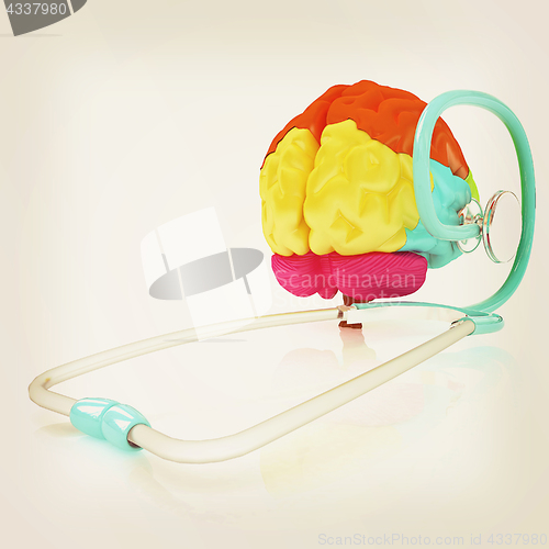Image of stethoscope and brain. 3d illustration. Vintage style.