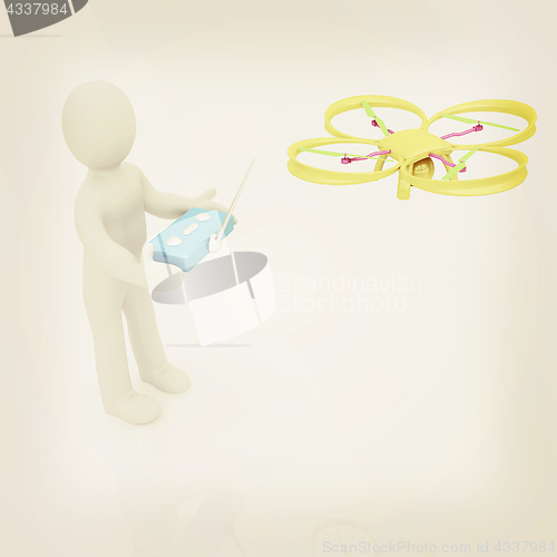 Image of 3d man with drone, quadrocopter, with photo camera. 3d render. 3