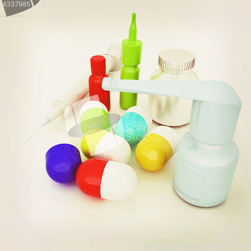 Image of Syringe, tablet, pill jar. 3D illustration. Vintage style.