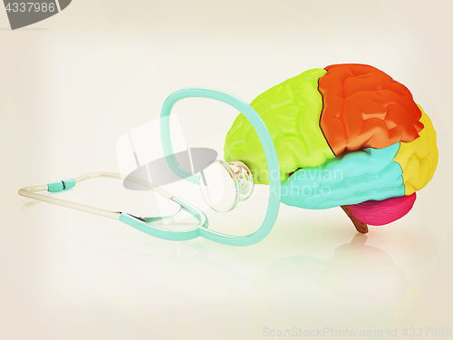 Image of stethoscope and brain. 3d illustration. Vintage style.