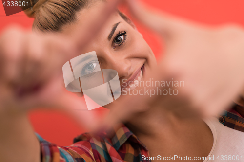 Image of young woman over color background