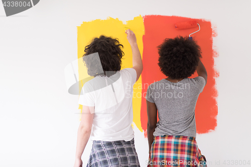 Image of multiethnic couple painting interior wall