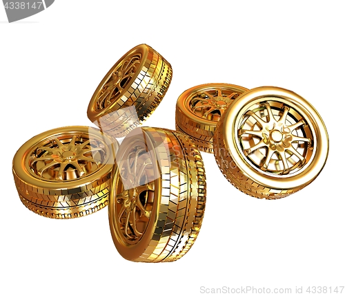 Image of Golden wheels Set isolated on white. Top view. 3d illustration