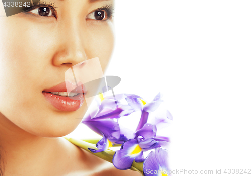 Image of young pretty asian woman with flower orchid close up isolated sp