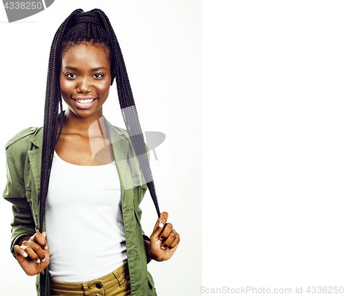 Image of young pretty african-american girl posing cheerful emotional on 