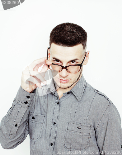 Image of young handsome teenage hipster guy posing emotional, happy smiling against white background isolated, lifestyle people concept 