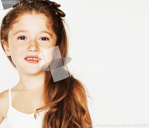 Image of little cute beauty girl isolated on white background holding flo