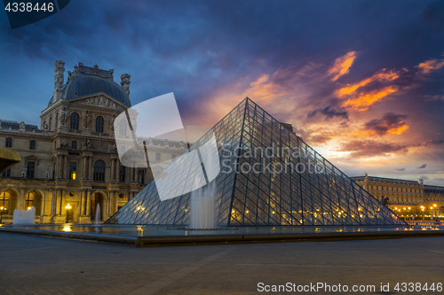 Image of View of famous Louvre Museum with Louvre Pyramid