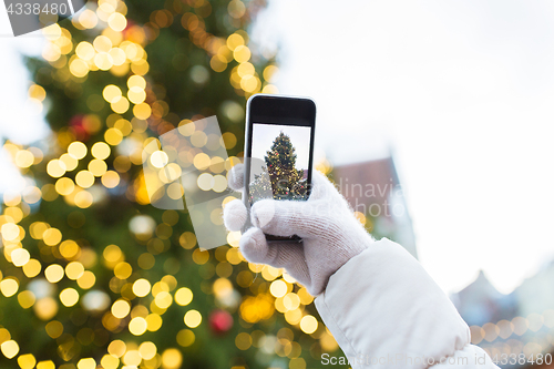 Image of hands with smartphone photographing christmas tree