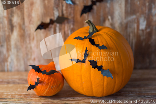 Image of pumpkins with bats or halloween party decorations