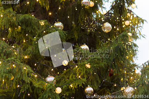 Image of close up of fir with christmas tree toys outdoors