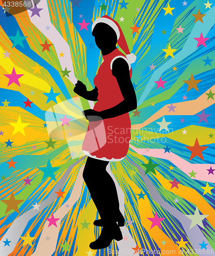 Image of Santa girl dancing on abstract background with stars