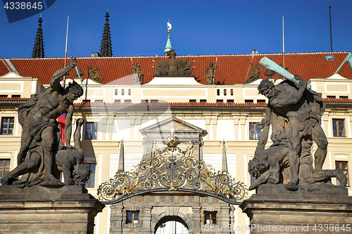 Image of Statue on entrance to the Prague castle located in Hradcany dist