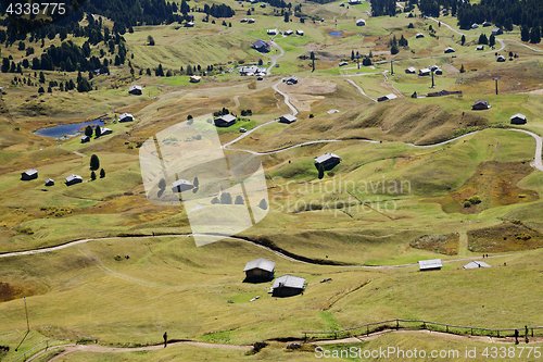 Image of Valley with houses in Dolomite Alps