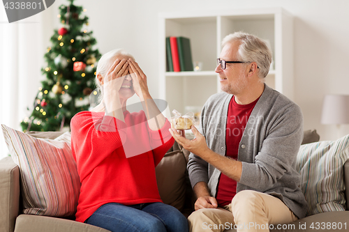 Image of happy smiling senior couple with christmas gift