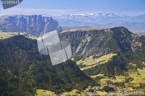 Image of Val Gardena and Ortisei, Dolomites, view from a mountain