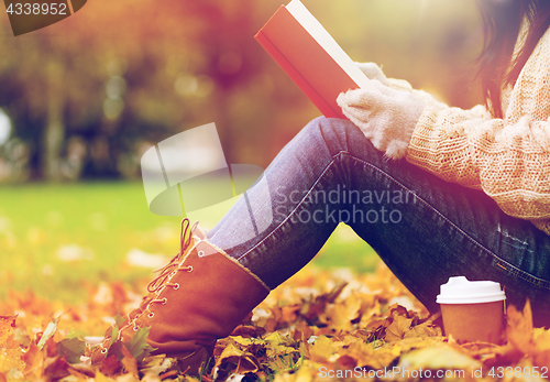 Image of woman with book drinking coffee in autumn park