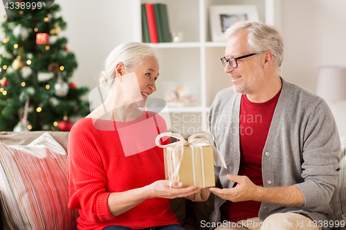 Image of happy smiling senior couple with christmas gift