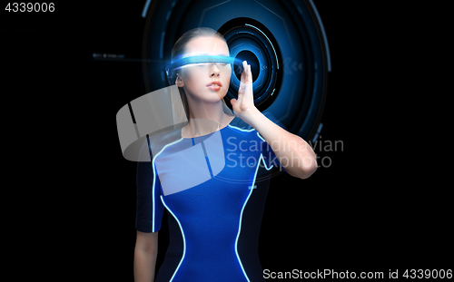 Image of woman in virtual reality 3d glasses with hologram