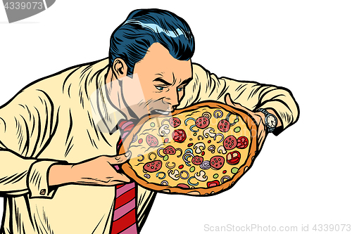 Image of man eating pizza, isolated on white background