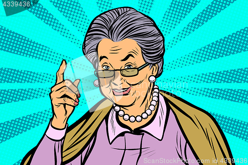 Image of elderly woman pointing finger up