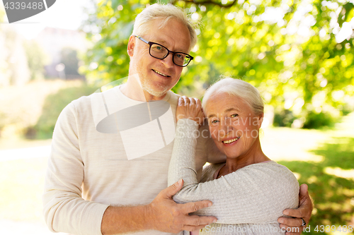 Image of happy senior couple hugging at summer park
