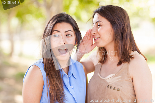 Image of Two Beautiful Ethnic Twin Sisters Whispering Secrets Outdoors.