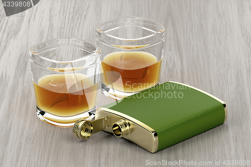 Image of Green hip flask and glasses of whisky