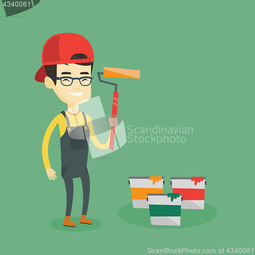 Image of Painter holding paint roller vector illustration.