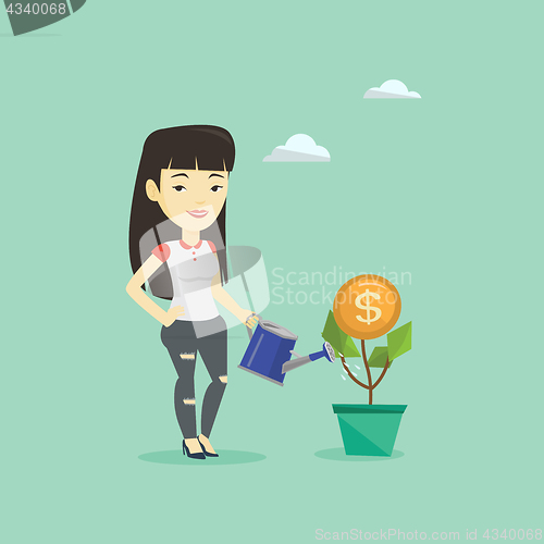 Image of Business woman watering money flower.