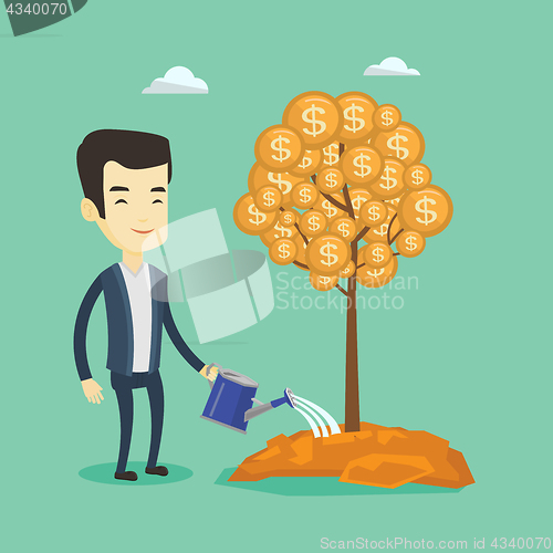 Image of Man watering money tree vector illustration.